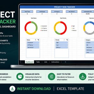 May include: A digital project task tracker Excel dashboard displayed on a laptop screen. The interface features a header titled PROJECT TASK TRACKER, three circular charts showing task status, priority, and category, and interactive slicer filters.