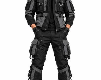 Men's Tactical Techwear Set, Black Cargo Jacket Pants, Gothic Cyberpunk Outfit, Utility Costume