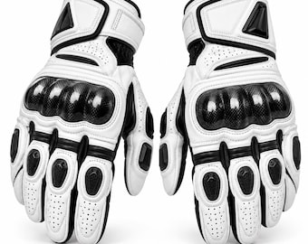 White Leather Motorcycle Racing Gloves | CE Protective Full Finger Biker Riding Gear