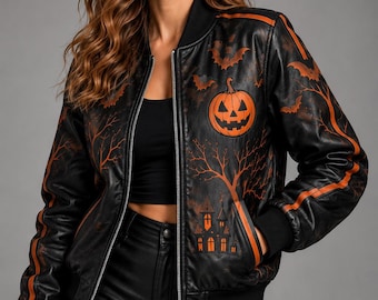 Hand Made Black Leather Halloween Bomber Jacket Gothic Pumpkin Biker Coat Spooky Streetwear