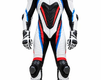 Customizable White, Blue, Red Leather Motorcycle Racing Suit with CE Armor, Aerodynamic Design, Reinforced Stitching