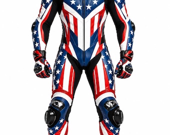 Men’s American Flag Motorcycle Leather Biker Gear, Red White Blue Moto Outfit
