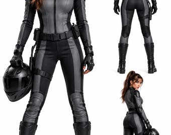 Women Black Leather Biker Jumpsuit, Motorcycle Suit, Gothic Cosplay Costume