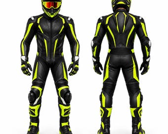 Men's Black Neon Yellow Leather Motorcycle Racing Suit with Protective Armor and Stretch Panels
