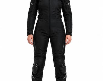 Gitzwart dames motorpak met CE-bescherming, eendelig motorpak