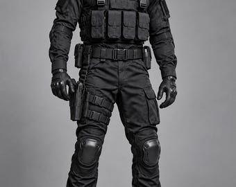 Men's Black Tactical Uniform | Special Forces Cosplay Outfit | SWAT Vest Knee Pads & Holster Set |