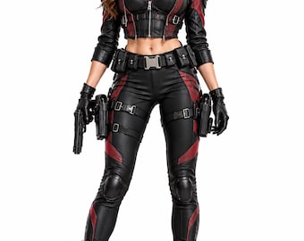 Women’s Tactical Cosplay Outfit, Black Red Leather Costume, Action Hero Halloween Costume