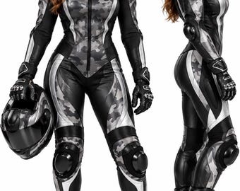 Women’s motorcycle suit - leather one piece with armor - camo black grey