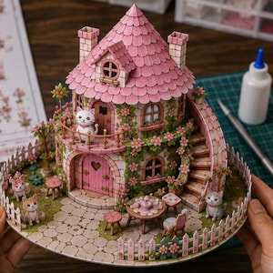 Könnte beinhalten: Ein zweistöckiges Miniaturhaus in Rosa mit kegelförmigem Dach, steinartigen Wänden und Kletterpflanzen. Das Modell verfügt über einen Balkon mit einer weißen Katzenfigur, eine herzförmige Tür, eine Außentreppe und kleine Katzenfiguren.