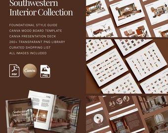 Paquete de diseño de interiores estilo suroeste, tablero de inspiración de Canva y guía en PDF.