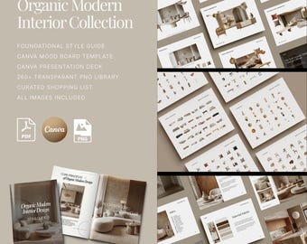 Paquete de diseño de interiores: Guía de estilo de 40 páginas y plantillas de Canva para paneles de inspiración.