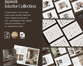 Japandi Complete Style System, plantillas de diseño de interiores con panel de inspiración y presentación.