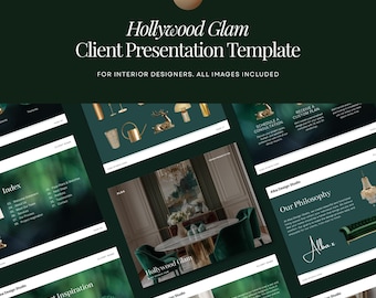 Plantilla de presentación para clientes con estilo Hollywood Glam, 37 diapositivas editables de Canva para diseñadores de interiores.