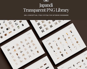 Paquete de imágenes prediseñadas de muebles Japandi, 260 archivos PNG de alta resolución para Canva y Photoshop.