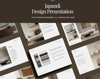 Plantilla de presentación para clientes de Japandi, presentación de 37 diapositivas en Canva para diseñadores de interiores.