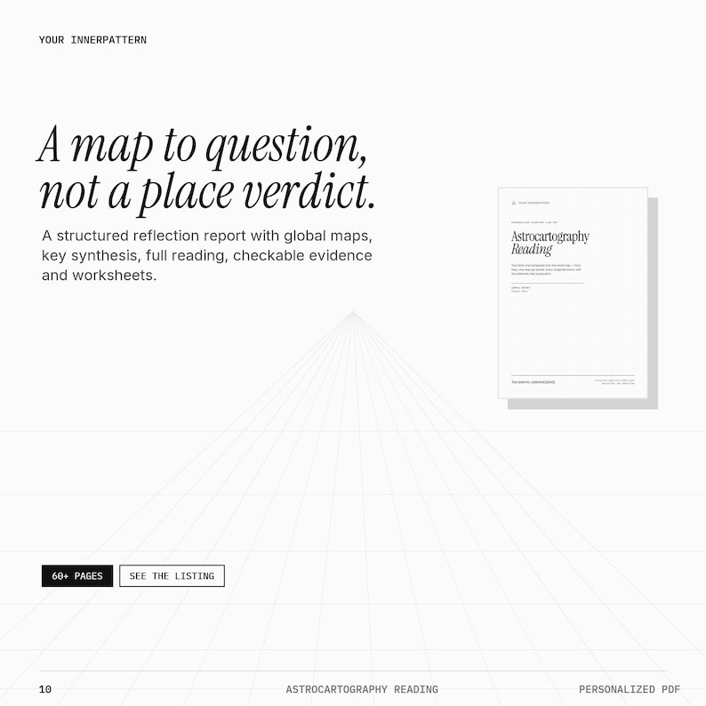 May include: A digital document titled Astrocartography Reading with the text A map to question, not a place verdict. It includes a structured reflection report with global maps, key synthesis, full reading, checkable evidence, and worksheets. The document is 60+ pages long and presented as a personalised PDF.