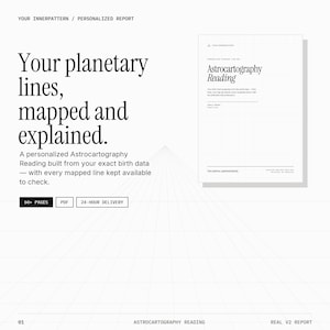 Könnte beinhalten: Ein digitales Dokument mit dem Titel Astrocartography Reading und dem Text Your planetary lines, mapped and explained. Der Bericht enthält ein personalisiertes Geburtshoroskop, 60+ Seiten, PDF-Format und 24-Stunden-Lieferdetails auf weißem Grund.
