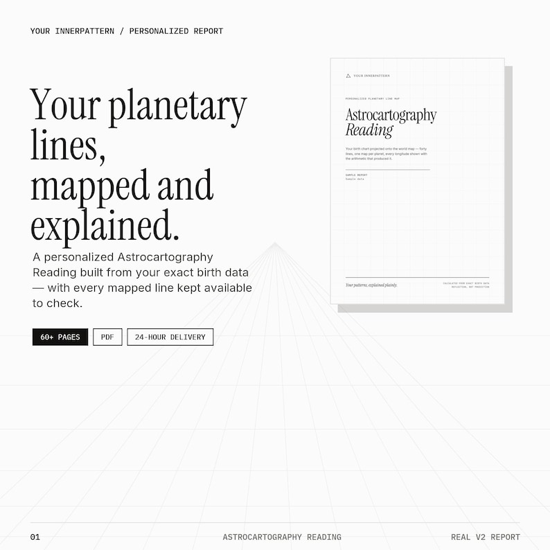 May include: A digital document titled Astrocartography Reading with the text Your planetary lines, mapped and explained. The report includes a personalised birth chart, 60+ pages, PDF format, and 24-hour delivery details on a white background.