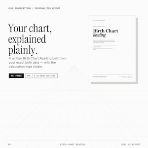 Könnte beinhalten: Ein weißes Dokument mit dem Titel Birth Chart Reading und schwarzem Text. Die Seite enthält die Phrasen Your chart, explained plainly, 45+ PAGES, PDF und 24-HOUR DELIVERY. Das Layout zeigt ein Gittermuster am unteren Rand und ein minimalistisches Design.
