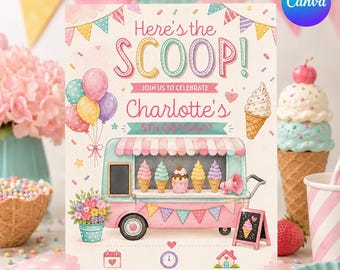 Editable Ice Cream Truck Birthday Invitation, Pastel Girls Party (Digital Download)