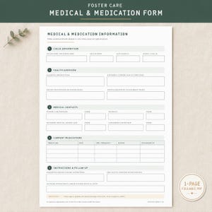 Medicinsk blankett för fosterhem, ifyllningsbar och utskrivbar hälsoinformation för barn i PDF-format