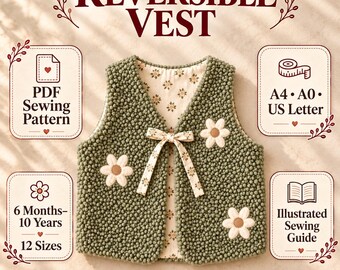 Reversible Baby Vest Sewing Pattern, Sherpa & Floral Daisy Applique (PDF)