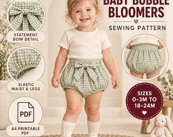 Patrón de costura para bombachos de bebé, shorts con lazo de cuadros vichy (0-24 meses) (PDF)