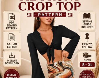 Patrón de costura para top corto con lazo frontal y manga larga cruzada (PDF, tallas S-XL)