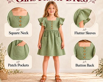 Patrón de vestido para niña con mangas acampanadas, escote cuadrado y bolsillos de parche (descarga en PDF)