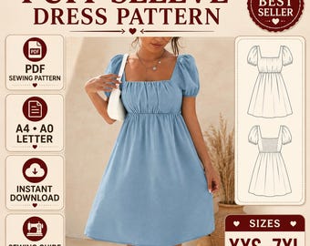 Patrón de costura para minivestido con mangas abullonadas y escote cuadrado (descarga en PDF)