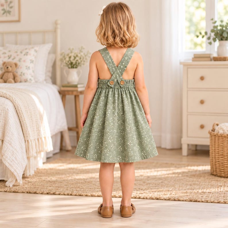 Pu&ograve; includere: Un abito senza maniche color verde salvia con un delicato motivo floreale bianco, vita elasticizzata arricciata e spalline incrociate fissate con due piccoli bottoni in legno sul retro, creando una silhouette svasata a trapezio.