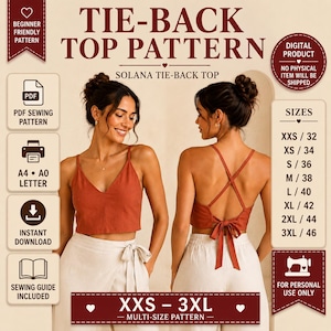 May include: A digital PDF sewing pattern for the Solana tie-back top, featuring a rust-colored sleeveless crop top with a V-neckline and a crisscross tie-back design. Includes sizes XXS to 3XL, a sewing guide, and printing options for A4, A0, and letter.