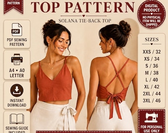 Patrón de costura para top corto Solana con espalda abierta y escote en V (descarga en PDF)