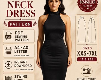 Patrón de costura para vestido ajustado con cuello halter, tela elástica, descarga instantánea (PDF)