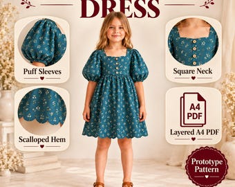 Patrón de costura para vestido de niña con bajo festoneado, mangas abullonadas y escote cuadrado (PDF A4)