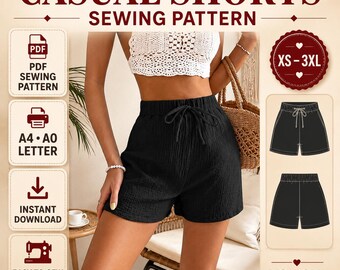 Patrón de costura para pantalones cortos casuales de mujer, cintura elástica, cordón ajustable (descarga en PDF)