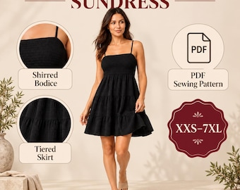 Patrón de costura para vestido de verano fruncido con volantes / Tallas para mujer XXS-7XL (Descarga en PDF)