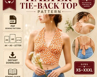 Patrón de costura para top corto con tirantes anudados en la espalda y escote en V, estilo veraniego (descarga en PDF)