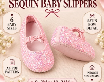 Patrón de costura para zapatillas de bebé con lentejuelas color rosa empolvado y lazo de satén, de 0 a 24 meses (PDF)