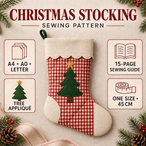 Patrón de costura para calcetín navideño, tela a cuadros, puño festoneado, aplique de árbol (PDF)