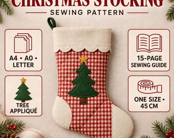 Patrón de costura para calcetín navideño, tela a cuadros, puño festoneado, aplique de árbol (PDF)