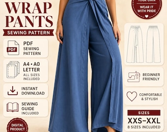 Patrón de costura para pantalones anchos cruzados, patrón en PDF, pantalones palazzo, descarga instantánea.