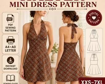 Patrón de costura para minivestido halter, patrón en PDF con espalda descubierta, tamaños A4, A0 y Carta, descarga instantánea.