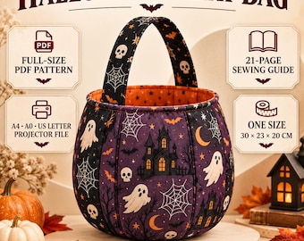 Patrón de costura para bolsa de dulces de Halloween, cesta de dulces con forma de calabaza (descarga en PDF)