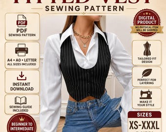 Patrón de costura para chaleco ajustado de mujer, patrón PDF para chaleco con botones delanteros, descarga instantánea, tallas XS-XXXL