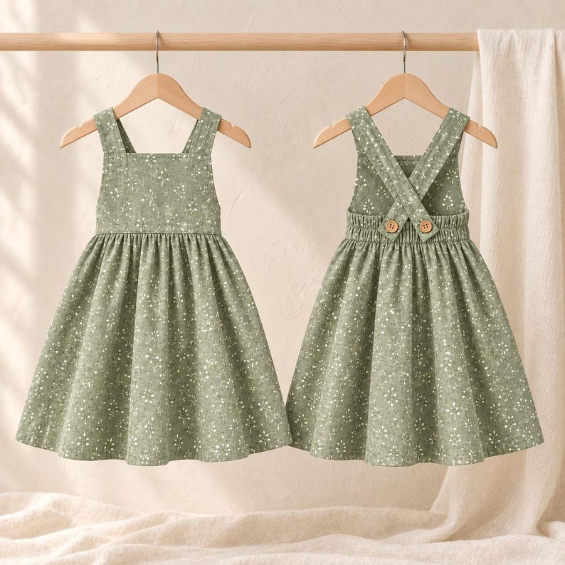 Pu&ograve; includere: Due abiti scamiciati color verde salvia con un motivo floreale bianco. L'abito a sinistra ha spalline larghe, mentre quello a destra presenta un design con schiena incrociata e due bottoni in legno sulla vita elasticizzata su una gruccia.