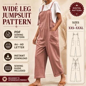 Puede incluir: Un patrón de costura para mono de pierna ancha en color rosa empolvado, disponible en formato PDF, A4 y A0 para descarga instantánea. El mono tiene escote cuadrado, tirantes anudados y bolsillos laterales, tallas de la XXS a la XXXL.