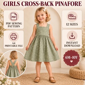 Pu&ograve; includere: Un vestito scamiciato verde salvia con motivo floreale bianco, scollo quadrato e spalline incrociate sul retro con bottoni. L'immagine include testo per un cartamodello PDF, 12 taglie, file stampabile A4 e download immediato per 6M-10A.
