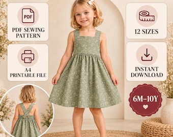 Patrón de costura para vestido de peto con espalda cruzada para niñas, descarga en PDF tamaño A4 (6 meses a 10 años)