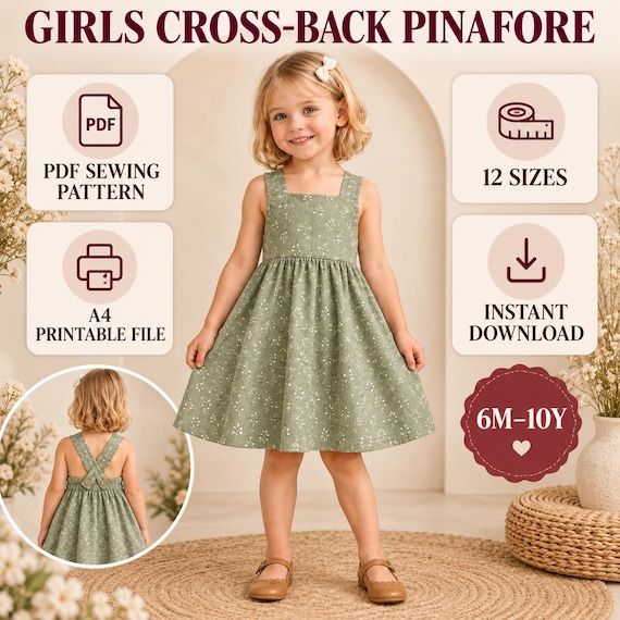 Girls Cross-Back Pinafore Sewing Pattern, A4 PDF Download (6M-10Y)